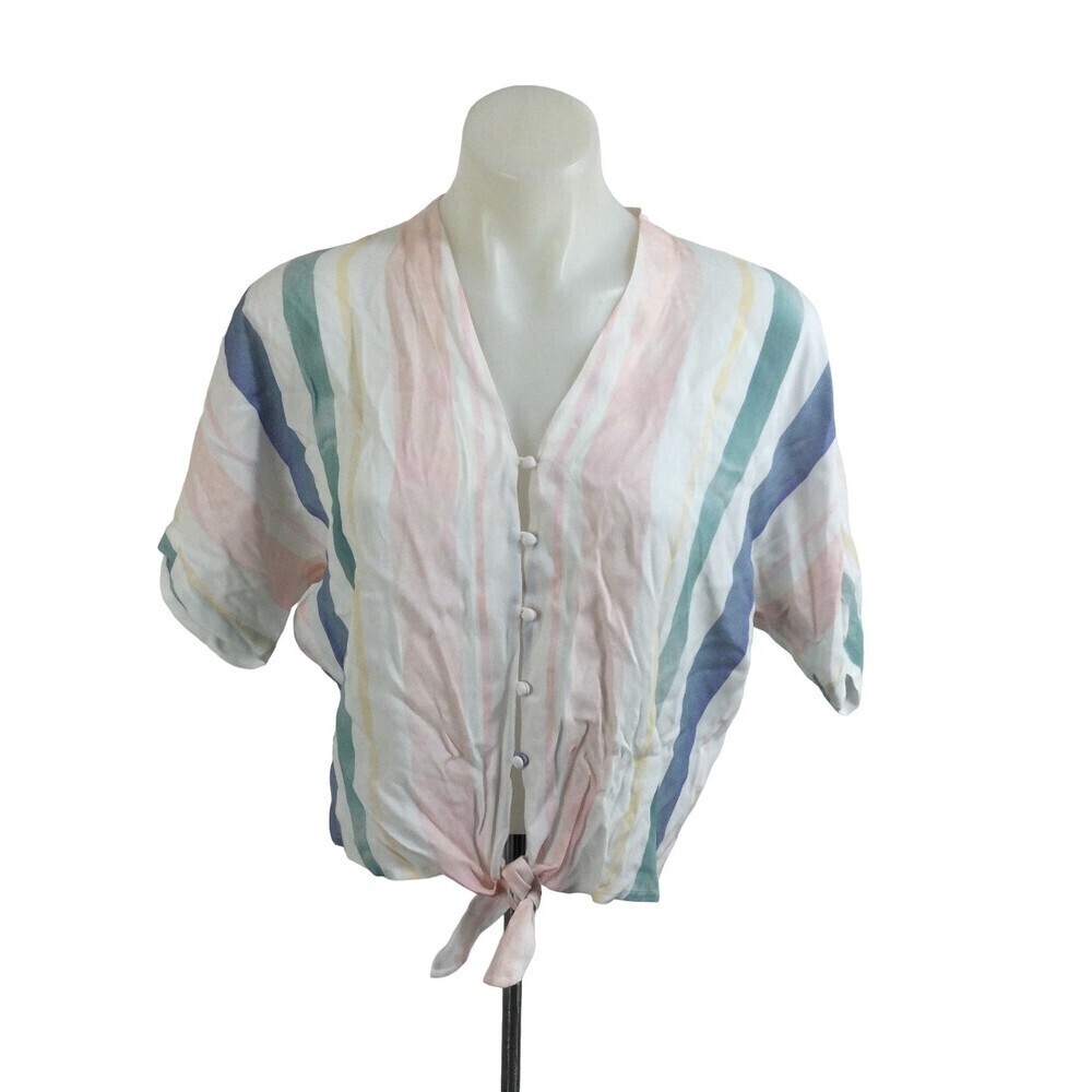 Rails Womens White & Pastel Striped Button-Up Short Sleeve Tie Blouse Top Sz XS